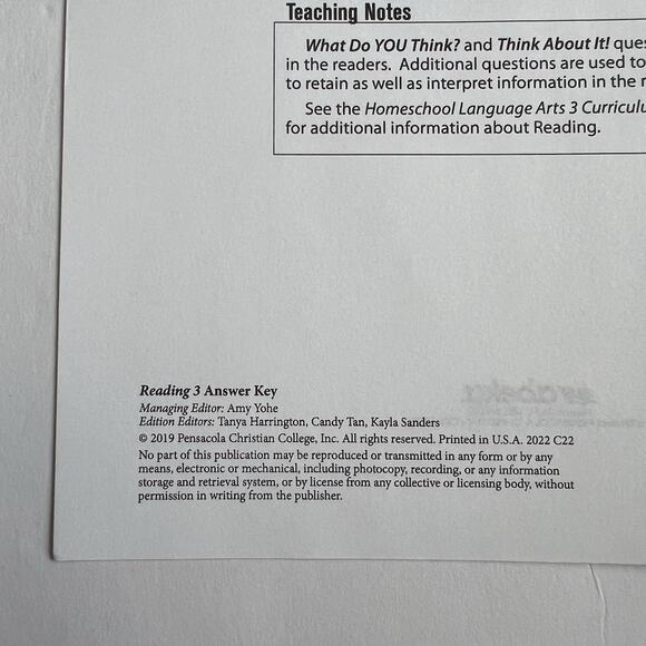 Abeka Reading 3 Answer Key Grade 3 Homeschool Curriculum Spiral Bound 2022 - Picture 2 of 3